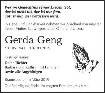 Traueranzeige von Gerda Geng von Super Sonntag Merseburg