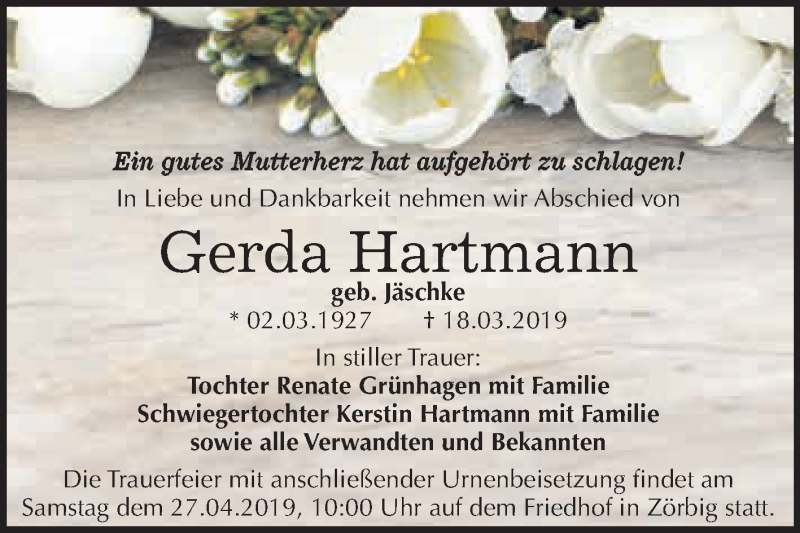  Traueranzeige für Gerda Hartmann vom 27.03.2019 aus WVG - Wochenspiegel Bitterfeld
