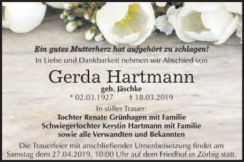 Traueranzeige von Gerda Hartmann von WVG - Wochenspiegel Bitterfeld