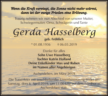Traueranzeige von Gerda Hasselberg von Mitteldeutsche Zeitung Aschersleben