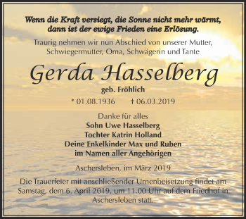 Traueranzeige von Gerda Hasselberg von Super Sonntag Aschersleben