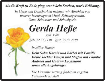 Traueranzeige von Gerda Heße von Super Sonntag Quedlinburg