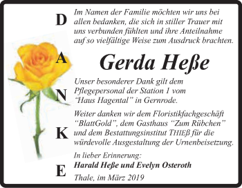 Traueranzeige von Gerda Heße von Super Sonntag Quedlinburg