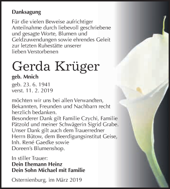 Traueranzeige von Gerda Krüger von WVG - Wochenspiegel Dessau / Köthen