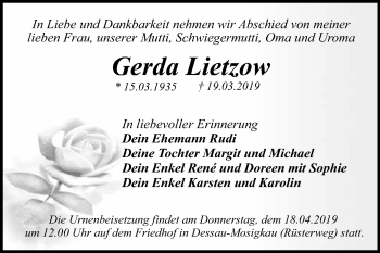 Traueranzeige von Gerda Lietzow von WVG - Wochenspiegel Dessau / Köthen