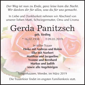 Traueranzeige von Gerda Panitzsch von Super Sonntag SGH Mansf. Land