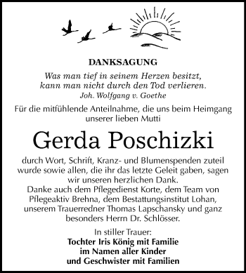 Traueranzeige von Gerda Poschizki von Mitteldeutsche Zeitung