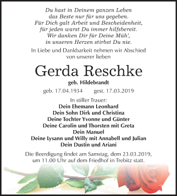 Traueranzeige von Gerda Reschke von Mitteldeutsche Zeitung