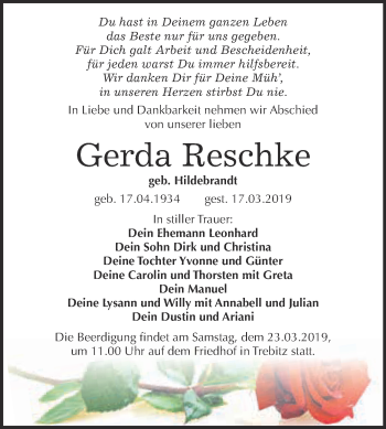 Traueranzeige von Gerda Reschke von WVG - Wochenspiegel Wittenberg
