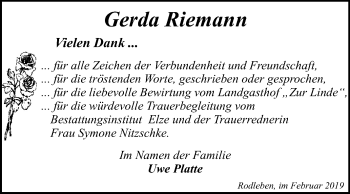 Traueranzeige von Gerda Riemann von Mitteldeutsche Zeitung Dessau-Roßlau