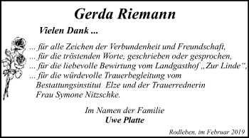 Traueranzeige von Gerda Riemann von WVG - Wochenspiegel Dessau / Köthen