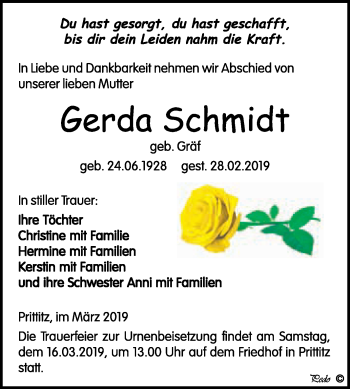 Traueranzeige von Gerda Schmidt von WVG - Wochenspiegel NMB / WSF / ZTZ
