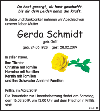 Traueranzeige von Gerda Schmidt von Mitteldeutsche Zeitung Weißenfels