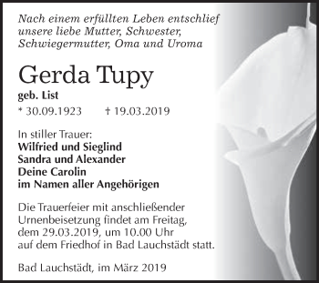Traueranzeige von Gerda Tupy von WVG - Wochenspiegel Merseburg
