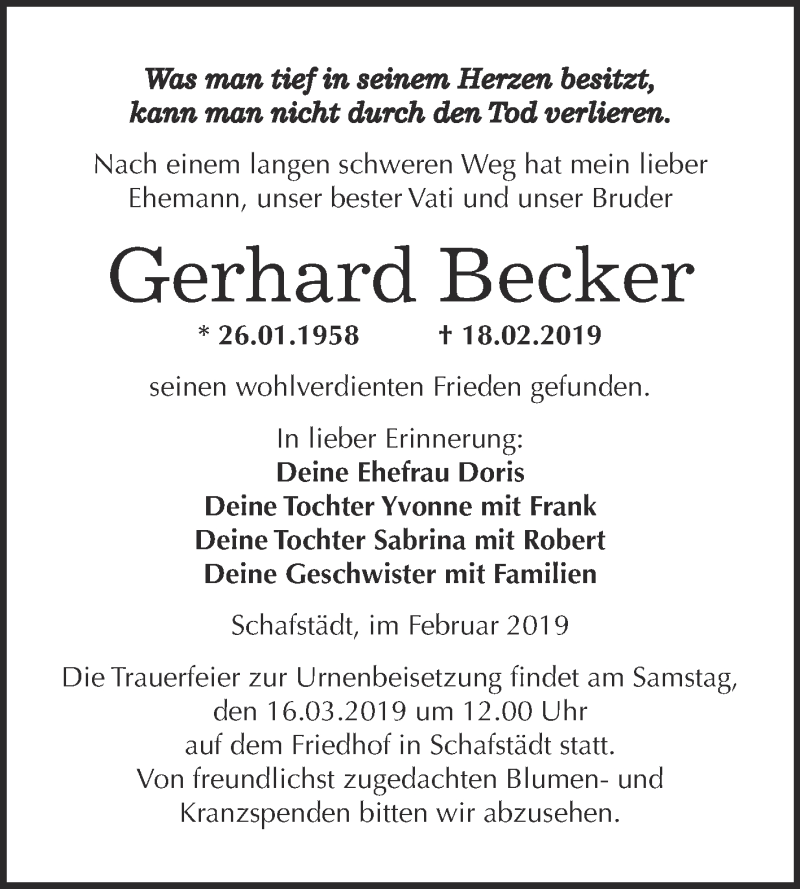  Traueranzeige für Gerhard Becker vom 25.02.2019 aus WVG - Wochenspiegel Merseburg