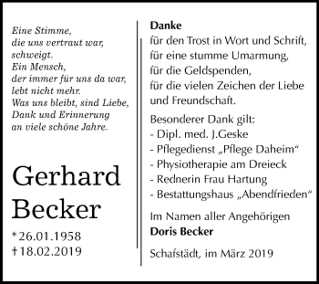 Traueranzeige von Gerhard Becker von Mitteldeutsche Zeitung
