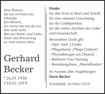 Traueranzeige von Gerhard Becker von WVG - Wochenspiegel Merseburg