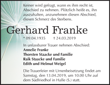 Traueranzeige von Gerhard Franke von Mitteldeutsche Zeitung