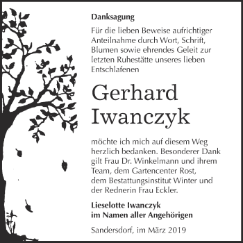 Traueranzeige von Gerhard Iwanczyk von WVG - Wochenspiegel Bitterfeld