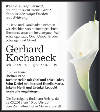 Traueranzeige von Gerhard Kochaneck von WVG - Wochenspiegel Merseburg
