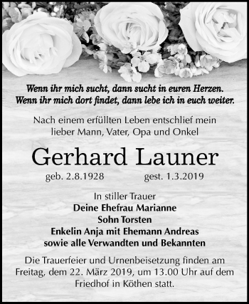 Traueranzeige von Gerhard Launer von Mitteldeutsche Zeitung Köthen