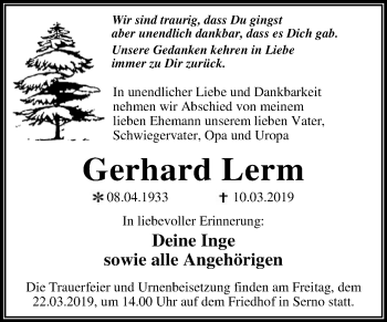 Traueranzeige von Gerhard Lerm von WVG - Wochenspiegel Dessau / Köthen