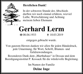 Traueranzeige von Gerhard Lerm von WVG - Wochenspiegel Dessau / Köthen