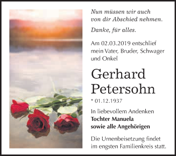Traueranzeige von Gerhard Petersohn von WVG - Wochenspiegel Dessau / Köthen
