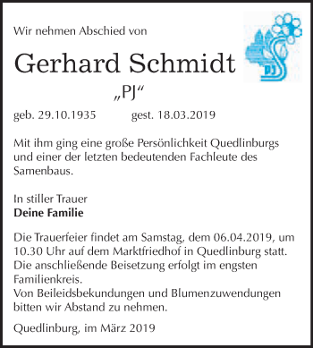 Traueranzeige von Gerhard Schmidt von WVG - Wochenspiegel Quedlinburg