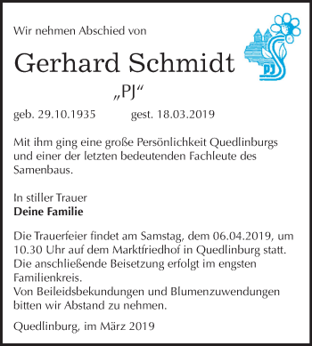 Traueranzeige von Gerhard Schmidt von Mitteldeutsche Zeitung