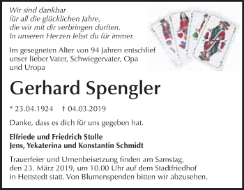 Traueranzeige von Gerhard Spengler von Wochenspiegel Mansfelder Land
