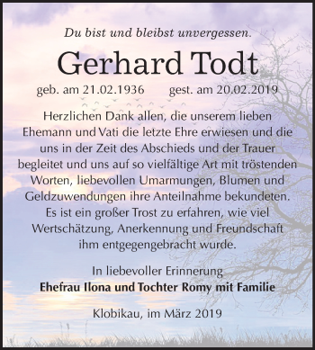 Traueranzeige von Gerhard Todt von Mitteldeutsche Zeitung Merseburg/Querfurt