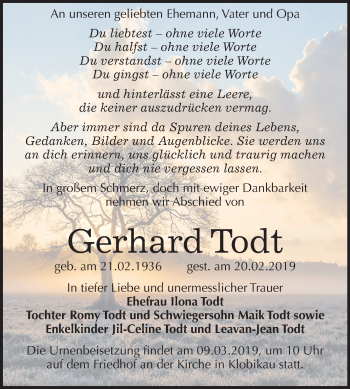 Traueranzeige von Gerhard Todt von Mitteldeutsche Zeitung Merseburg/Querfurt