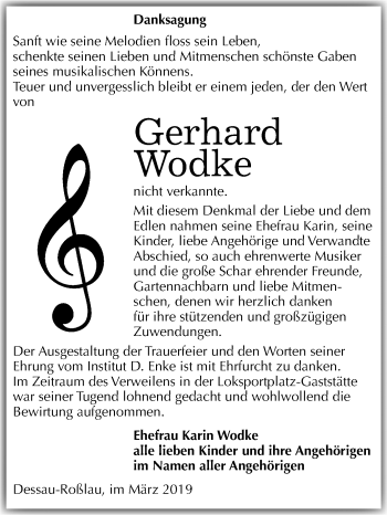 Traueranzeige von Gerhard Wodke von Mitteldeutsche Zeitung