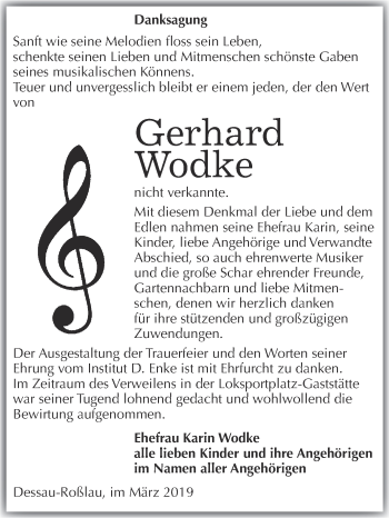 Traueranzeige von Gerhard Wodke von WVG - Wochenspiegel Dessau / Köthen