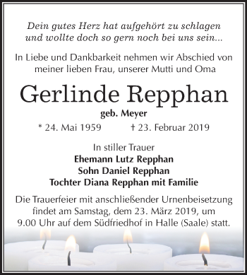 Traueranzeige von Gerlinde Repphan von Mitteldeutsche Zeitung Halle/Saalkreis