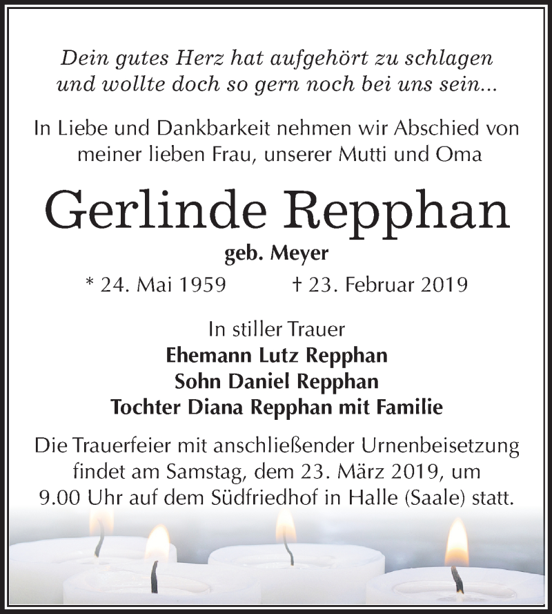  Traueranzeige für Gerlinde Repphan vom 09.03.2019 aus Mitteldeutsche Zeitung Halle/Saalkreis