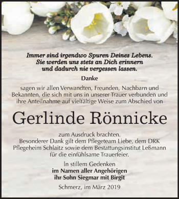 Traueranzeige von Gerlinde Rönnicke von WVG - Wochenspiegel Bitterfeld