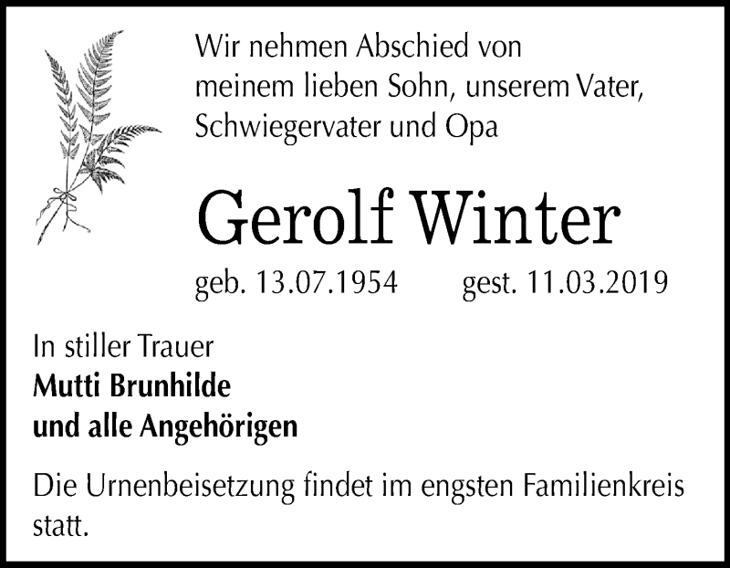  Traueranzeige für Gerolf Winter vom 23.03.2019 aus Mitteldeutsche Zeitung Bernburg