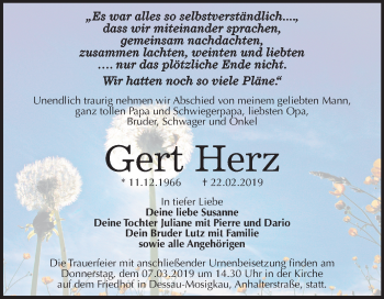 Traueranzeige von Gert Herz von Mitteldeutsche Zeitung Dessau-Roßlau