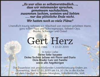 Traueranzeige von Gert Herz von WVG - Wochenspiegel Dessau / Köthen