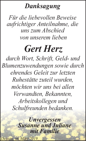 Traueranzeige von Gert Herz von Mitteldeutsche Zeitung Bitterfeld