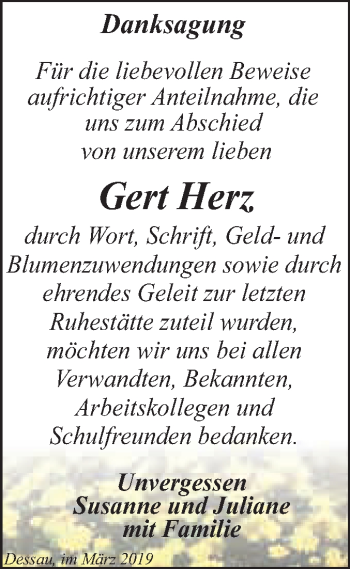 Traueranzeige von Gert Herz von WVG - Wochenspiegel Bitterfeld