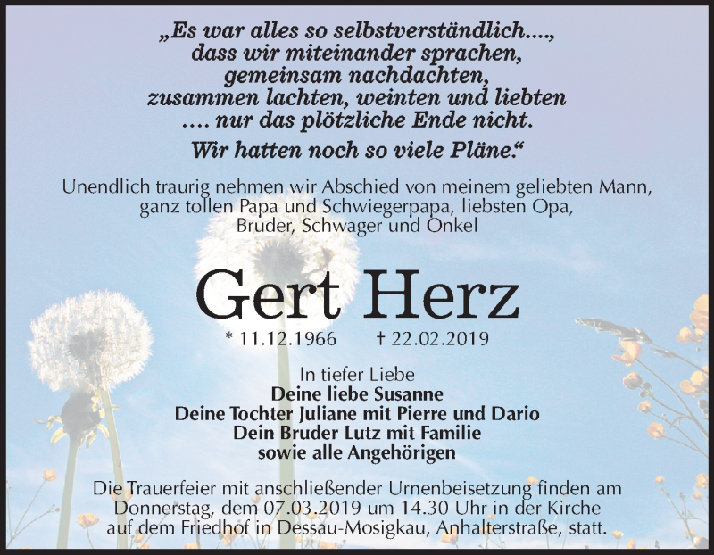  Traueranzeige für Gert Herz vom 02.03.2019 aus Mitteldeutsche Zeitung Dessau-Roßlau