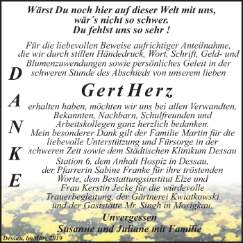 Traueranzeige von Gert Herz von WVG - Wochenspiegel Dessau / Köthen