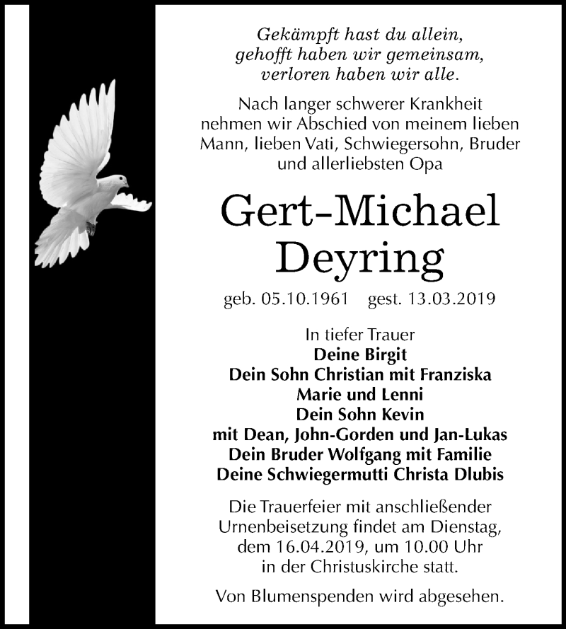  Traueranzeige für Gert-Michael Deyring vom 30.03.2019 aus Mitteldeutsche Zeitung