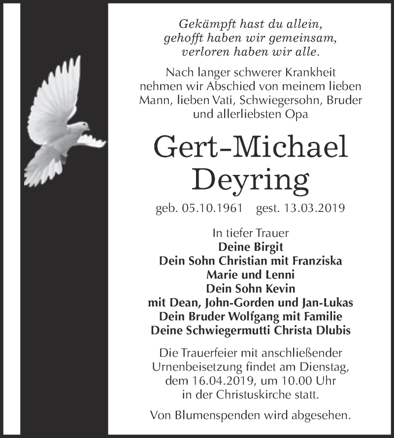  Traueranzeige für Gert-Michael Deyring vom 30.03.2019 aus Super Sonntag Wittenberg