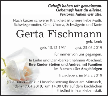 Traueranzeige von Gerta Fischmann von WVG - Wochenspiegel Merseburg