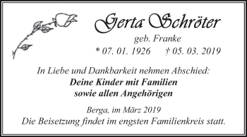 Traueranzeige von Gerta Schröter von Super Sonntag SGH Mansf. Land