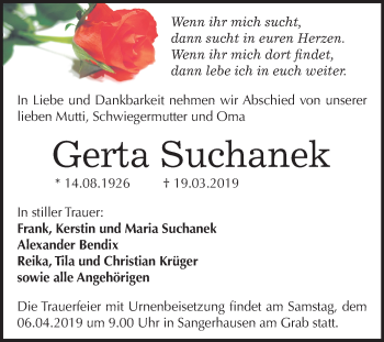 Traueranzeige von Gerta Suchanek von Mitteldeutsche Zeitung